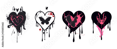 Vector flame gothic love sticker, y2k Valentine’s Day trendy print, butterfly, cracked broken shape, Emo heart tattoo set, romantic flames silhouette, girly flat icon, Emo heart clipart