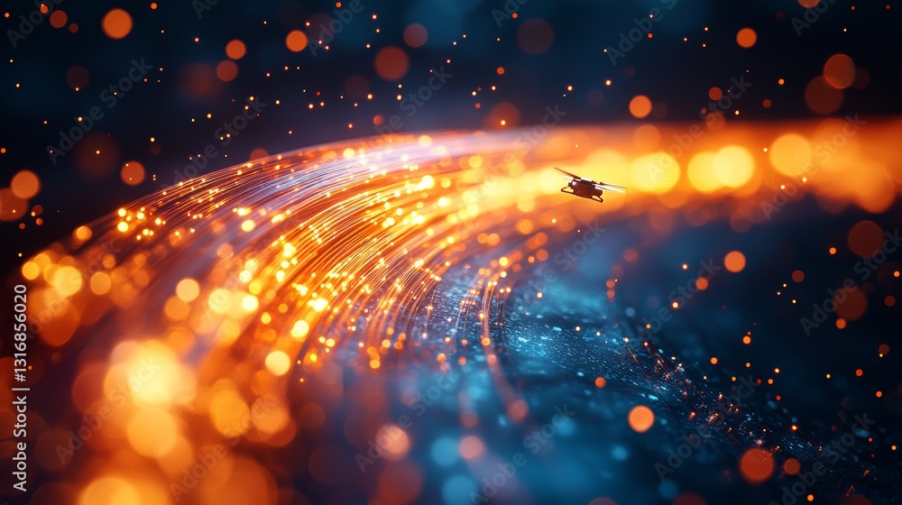 Fototapeta premium Orange fiber optic cable segments with glowing streaks closeup photography