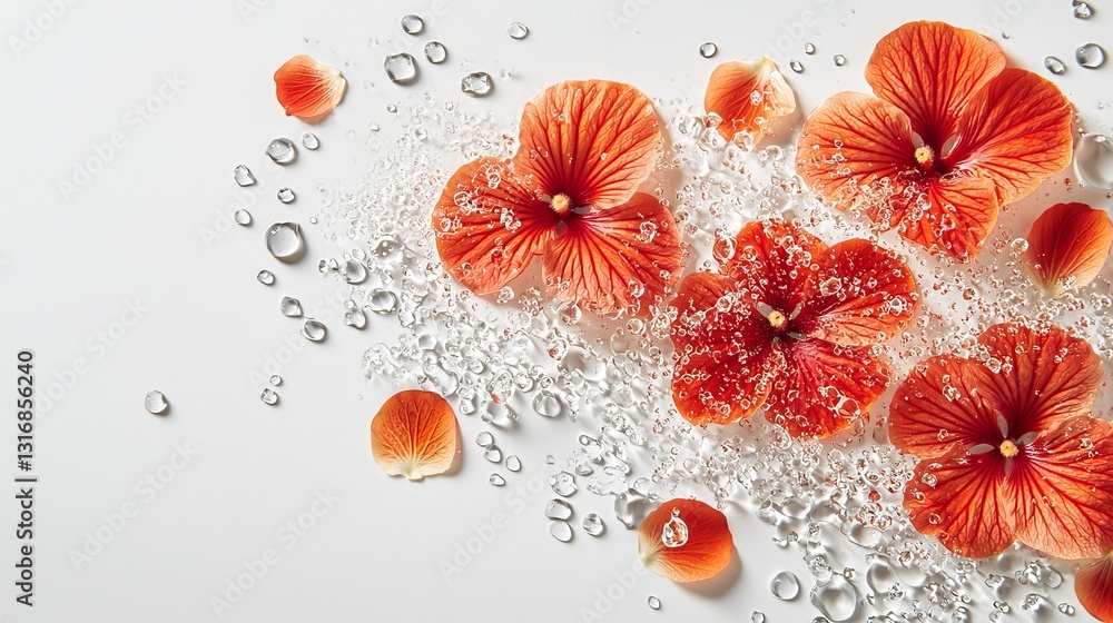 Summertime escape splashing refreshing advertisement. Delicate orange flowers surrounded by sparkling water droplets on a light background, creating a fresh and vibrant aesthetic. Summertime escape splashing refreshing advertisement. Delicate orange flowers surrounded by sparkling water droplets on a light background, creating a fresh and vibrant aesthetic.
