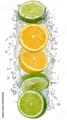 Summertime escape splashing refreshing advertisement. Fresh citrus slices immersed in sparkling water create a vibrant and refreshing visual, highlighting the colors and textures of lemon and lime.