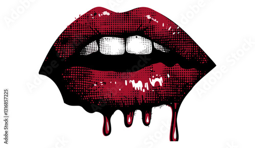 Halloween vector lips, female vampire, dripping blood, licking monster mouth, fangs, halftone collage, vector illustration, spooky Halloween design, creepy vampire art