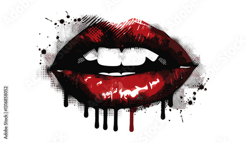 Vector female vampire lips, dripping blood, Halloween collage, monster fangs, licking mouth, halftone design, vector illustration, isolated on transparent background