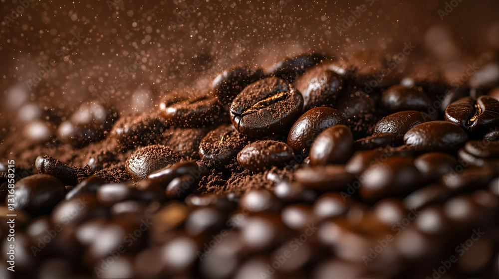 Roasted coffee beans with coffee powder Roasted coffee beans with coffee powder