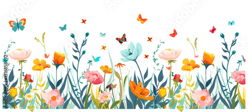 Floral seamless border, blooming flowers, grass, butterflies, dragonflies, insects, doodle lawn, vector illustration, nature design, spring flowers, garden background, cute border