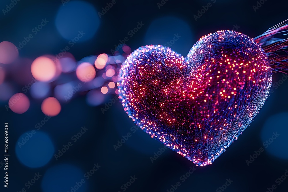 Obraz premium Glowing heart shape with sparkly red and blue particles against dark background with bokeh lights creates magical romantic atmosphere for Valentine designs.