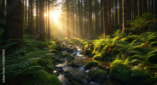 a forest with the sun setting