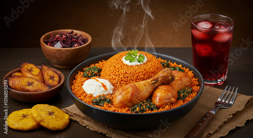 A table with a decor of Jollof rice and plantain