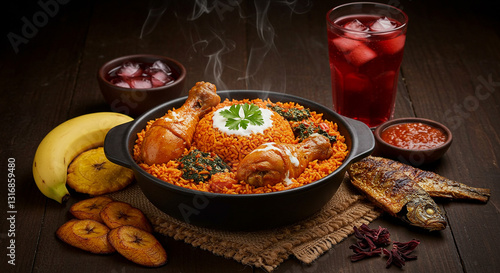 A table with a decor of Jollof rice and plantain