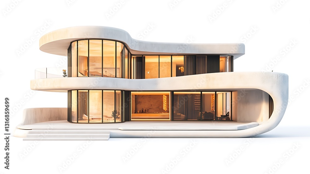 Modern, curved concrete house with large windows and balconies, illuminated interior at sunset. Modern, curved concrete house with large windows and balconies, illuminated interior at sunset.