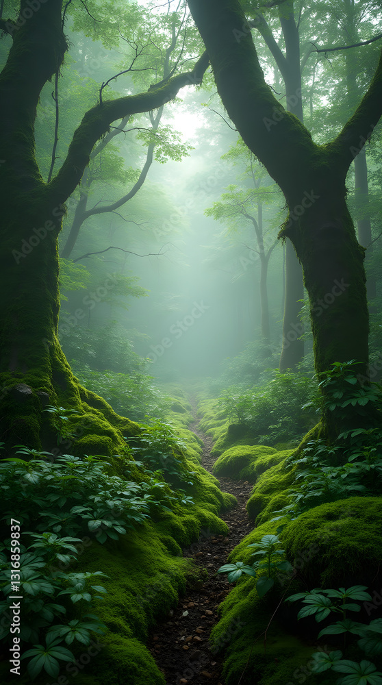 Fototapeta premium A Serene Journey Through Moss-Covered Woodlands, Evoking Tranquility and a Deep Connection with Nature's Magic