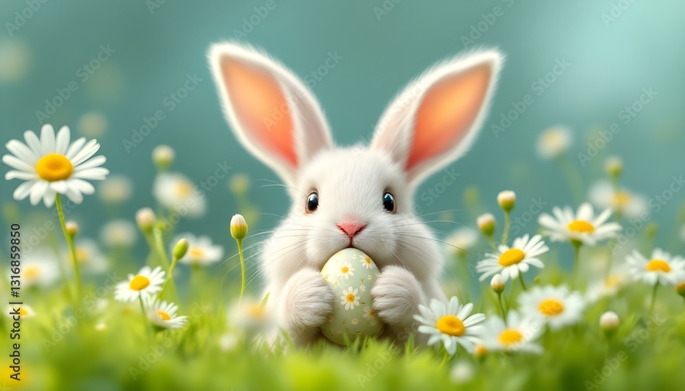 Fototapeta premium Cute Easter bunny peeking out from a patch of daisies, holding a tiny decorated egg in its paws. Soft pastel colors and gentle sunlight create a warm, festive, and joyful spring atmosphere. 