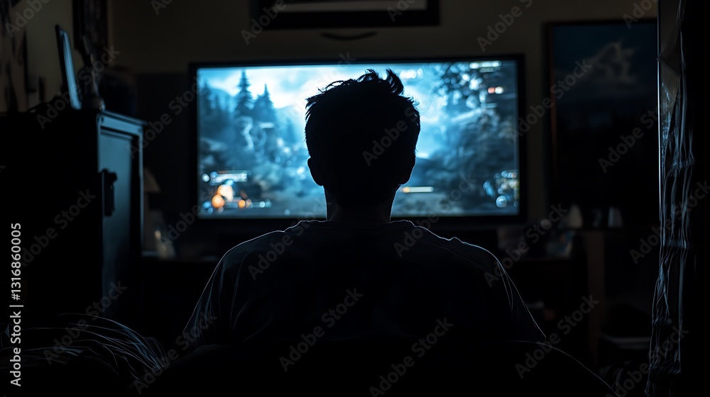 Man playing video game on large screen TV in dark room. Man playing video game on large screen TV in dark room.