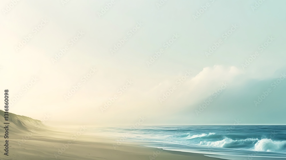 Obraz premium Serene beach scene at dawn, soft light illuminating sand and ocean waves.