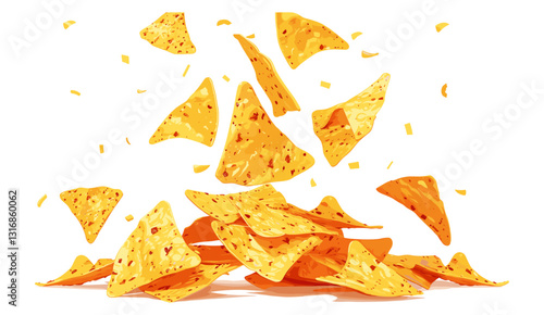 Nachos chips, flying tortilla chips, delicious snacks, cheesy nachos, crispy snacks, tasty party food, crunchy nachos, savory chips, snack food, Tex-Mex chips, flavorful nachos.