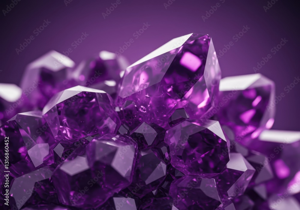 A bunch of purple stones are on a table. The stones are shiny and have a diamond shape. The background is a solid purple color. A bunch of purple stones are on a table. The stones are shiny and have a diamond shape. The background is a solid purple color.