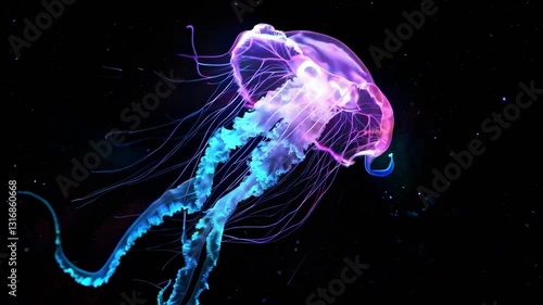 Glowing purple and blue jellyfish in dark ocean, bioluminescent marine life concept