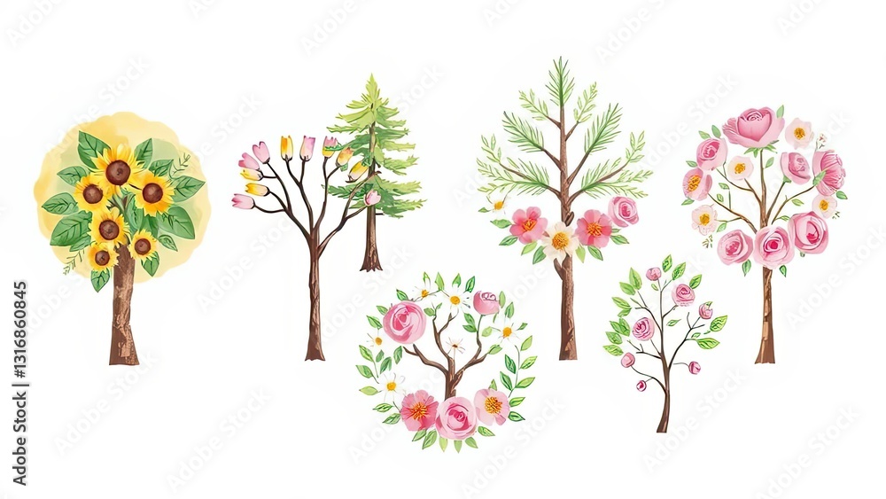 Fototapeta premium Watercolor Floral Trees Sunflowers Magnolias Roses Nature Illustration