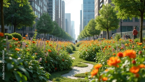 A lush urban green space flourishes with vibrant wildflowers, showcasing biodiversity amidst the concrete jungle of a bustling city center