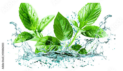 Green leaves, splashing water droplets, fresh foliage, water splash, nature scene, healthy leaves, vibrant greenery, leaf texture, water drops, natural environment, outdoor plants