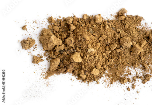 Bild auf Leinwand Top view and detail of pile of scattered field soil, white background