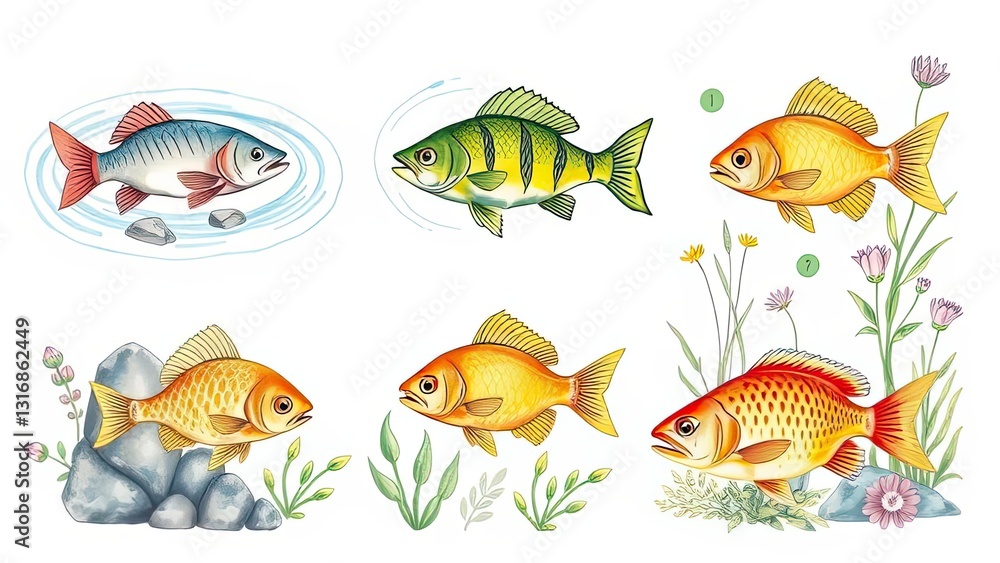 Fototapeta premium Colorful Fish Illustration Aquatic Life Pond River Nature Wildlife Underwater Marine Freshwater