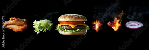 Wallpaper Mural juicy hamburger with lettuce, tomato, and cheese is surrounded by flames against a black background Torontodigital.ca