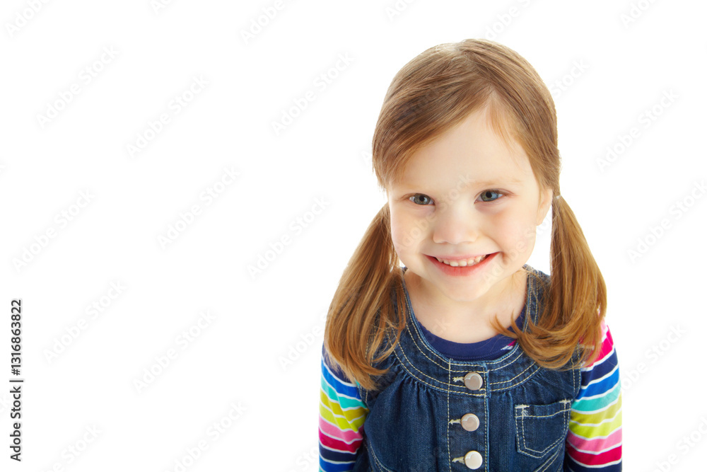 Portrait, child and happy in studio for fashion, stylish and growth for kindergarten with mockup space. Above, girl and student with smile for casual clothes, preschool and cool by white background Portrait, child and happy in studio for fashion, stylish and growth for kindergarten with mockup space. Above, girl and student with smile for casual clothes, preschool and cool by white background