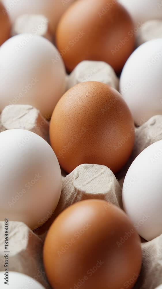 Eggs in egg carton rotating. Farm fresh eggs rest in cozy carton. Farm concept. Uncooked white and brown eggs. Vertical footage. Organic food. Close-up of hen eggs. Close-up in 4K, UHD Eggs in egg carton rotating. Farm fresh eggs rest in cozy carton. Farm concept. Uncooked white and brown eggs. Vertical footage. Organic food. Close-up of hen eggs. Close-up in 4K, UHD
