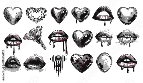 Futuristic vector photocopy print, grunge collage, chrome heart, y2k tattoo icon, melting kiss, retro noise effect, brutal acid objects, halftone pop art sticker, modern lips