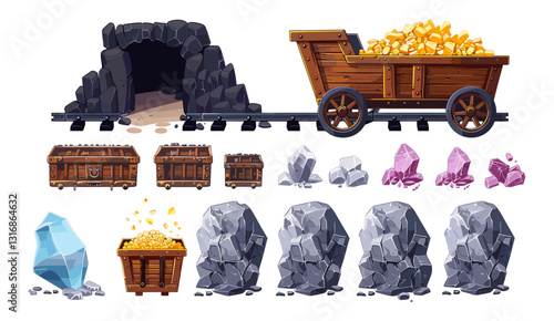 Gold mine treasure, gray rock cave entrance, iron rail, diamond crystal stone, nugget truck, vector gold mine cart set, old diamond wagon kit, game mountain minerals collection
