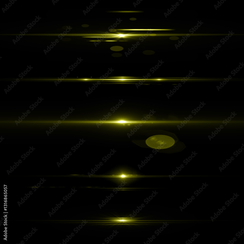 Lens flare or anamorphic gold streak. Set of lens flares on black background. Anamorphic gold streaks filter effects.
