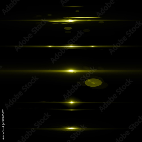 Obraz na płótnie Lens flare or anamorphic gold streak. Set of lens flares on black background. Anamorphic gold streaks filter effects. w salonie