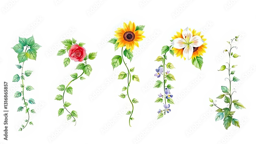 Fototapeta premium Watercolor Floral Vines Roses Sunflowers Lilies Leaves Botanical Illustration