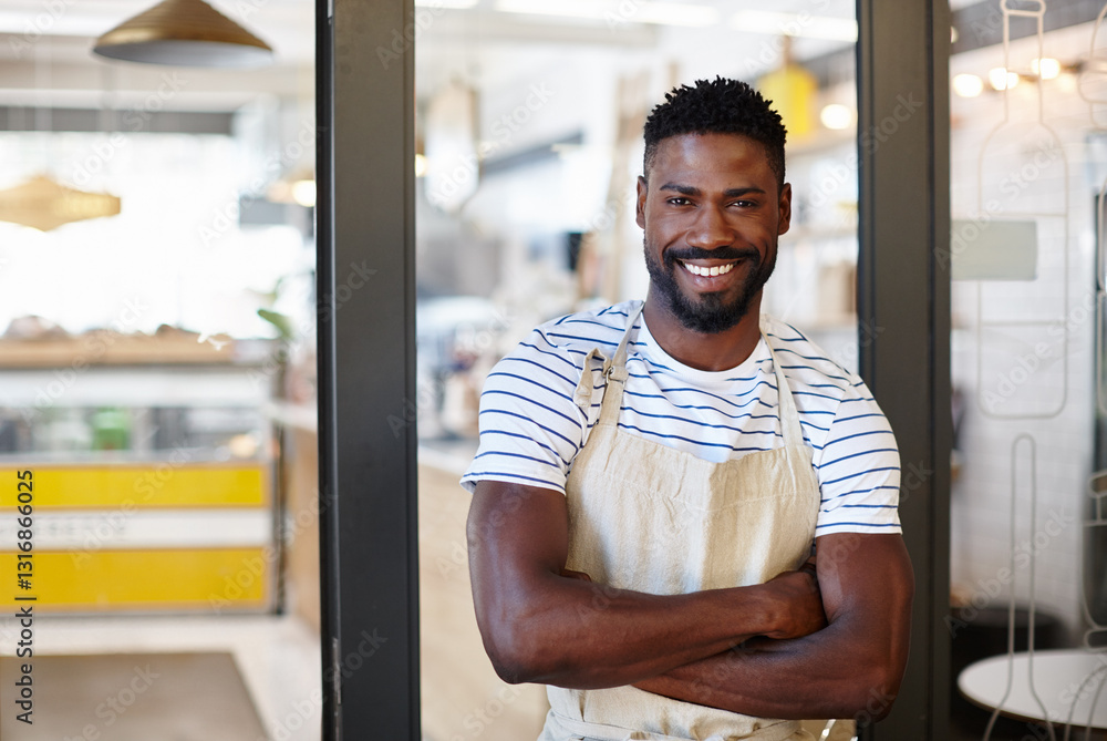 Man, arms crossed and friendly waiter by cafe, small business and ambition confidence for service. Black person, portrait and professional entrepreneur by open door, welcome and restaurant worker Man, arms crossed and friendly waiter by cafe, small business and ambition confidence for service. Black person, portrait and professional entrepreneur by open door, welcome and restaurant worker