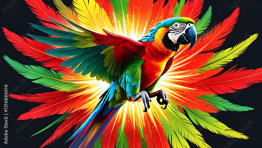Obraz premium Colorful Macaw with Outstretched Wings in Energetic Digital Art Style on a Dark Background