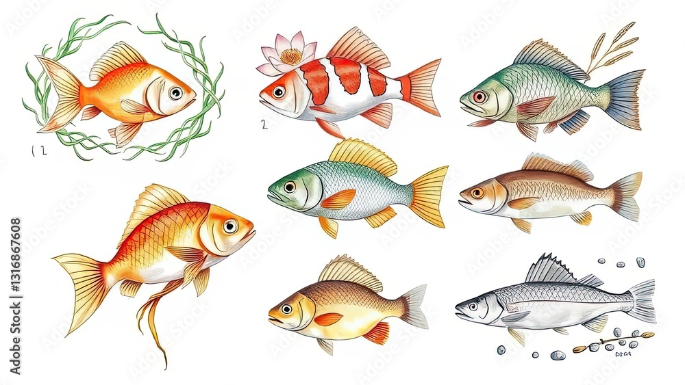 Naklejka premium Colorful Fish Illustrations Goldfish Koi Carp Sea Bass Aquatic Life Art
