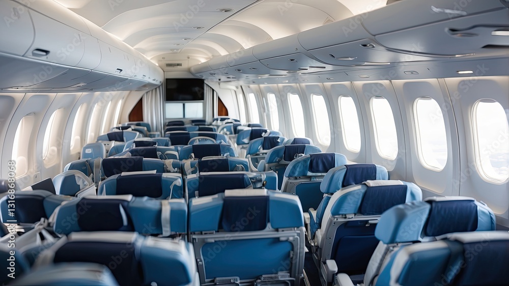 Fototapeta premium Interior view of an airplane cabin featuring rows of blue leather seats aligned along a central aisle.