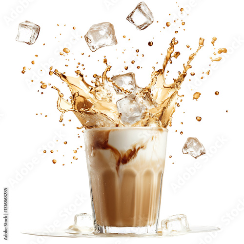 Glass of Iced Coffee with Swirling Milk Isolated on Transparent Background
