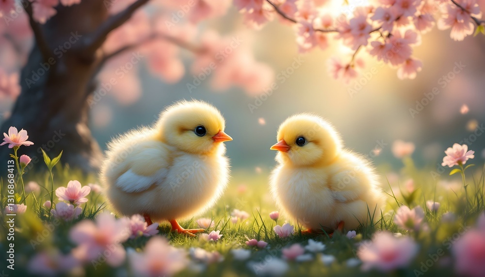 Soft-focus pastel Easter scene with fluffy chicks nestled among delicate cherry blossoms, bathed in warm, glowing golden sunlight, creating a dreamy and serene holiday atmosphere.
Soft-focus pastel Easter scene with fluffy chicks nestled among delicate cherry blossoms, bathed in warm, glowing golden sunlight, creating a dreamy and serene holiday atmosphere.