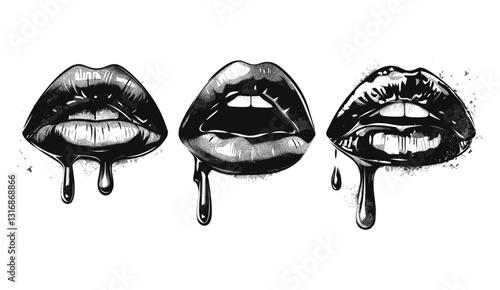 Halftone lips, vector y2k melt drip mouth, retro bitmap collage, glossy metal object, futuristic grain dot photocopy effect, contemporary pop art, vintage print collection.