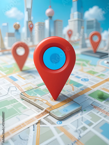 Geofencing and location-based marketing concept with a digital map, location pin, and mobile device