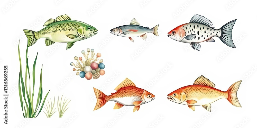 Naklejka premium Colorful Fish Illustration Aquatic Life Marine Animals Underwater Scene Nature Sea Creatures