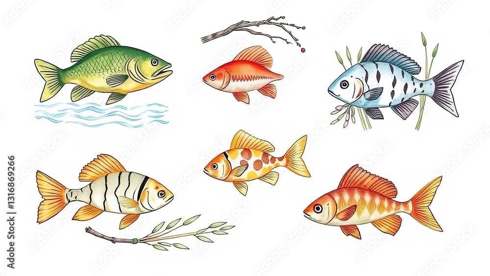 Naklejka premium Colorful Fish Illustration Aquatic Life Pond River Ocean Nature Wildlife Marine Aquarium Tropical