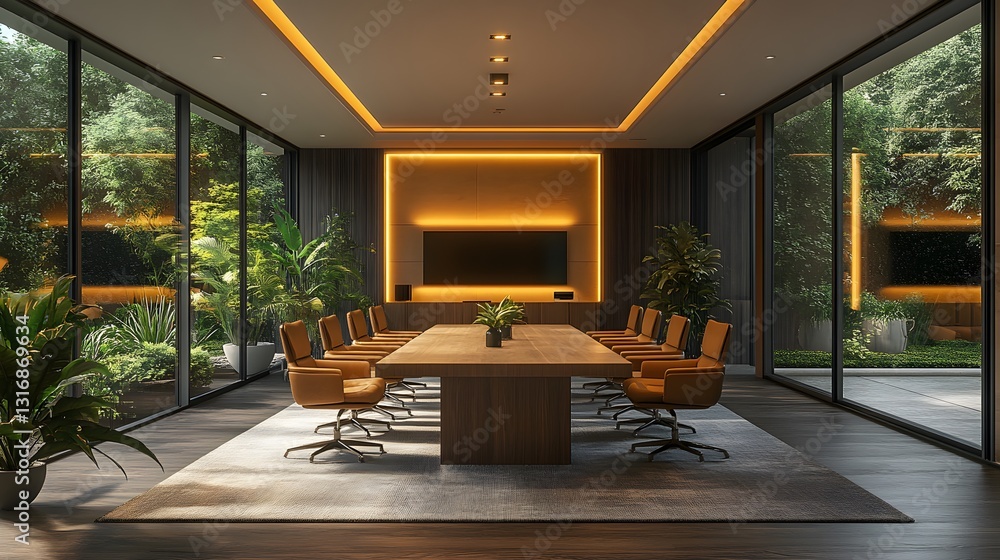 Fototapeta premium Stylish conference room with a long wooden table, ambient wall lighting, and comfortable chairs