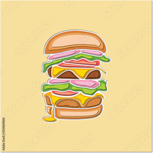 Deliciously stacked! 🍔✨ A mouthwatering burger in stunning vector paper art style—bringing layers of flavor to life! 🎨🔥 #VectorArt #PaperCutStyle"