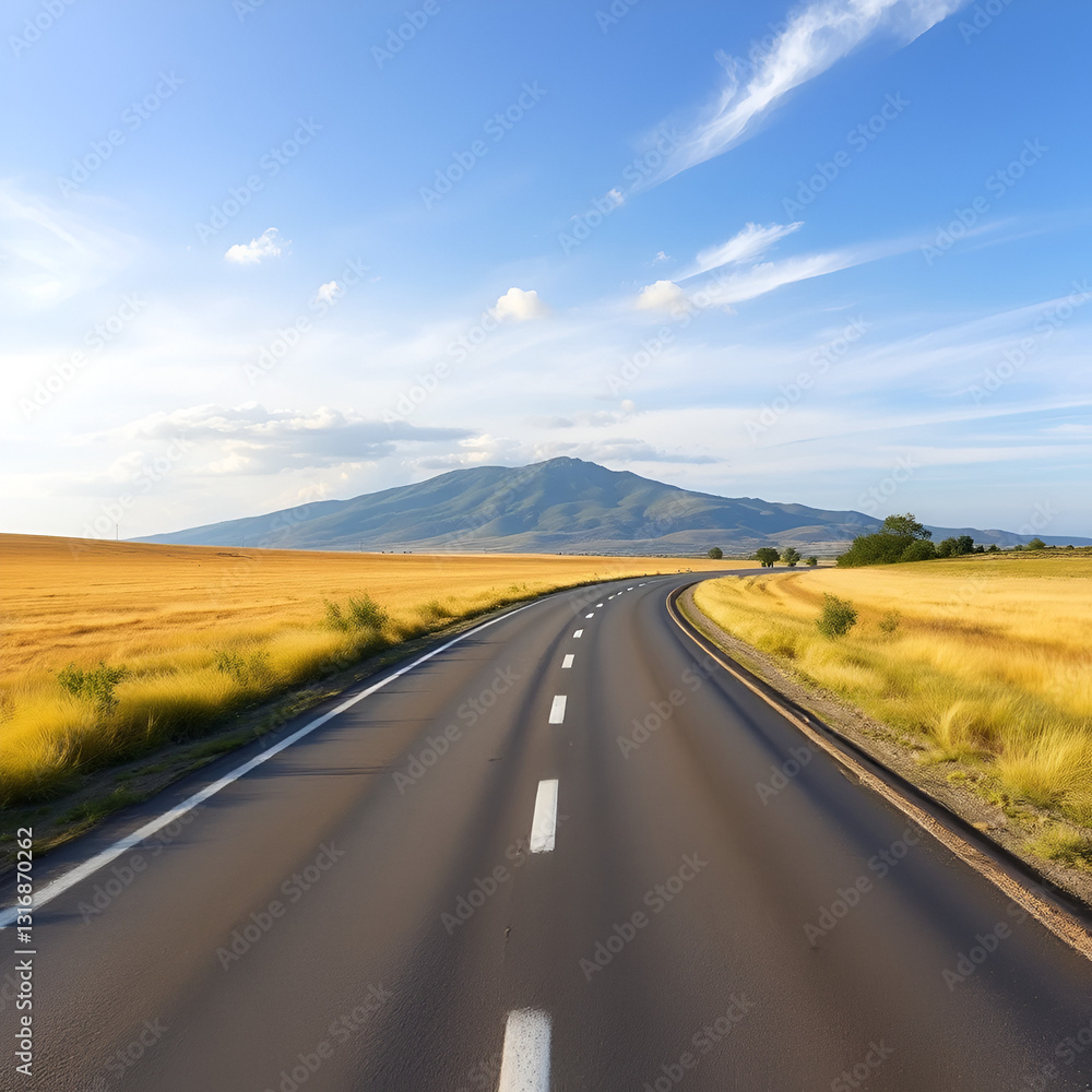Fototapeta premium Horizontal or landscape of smooth asphalt road. On the wide grassland. There were grasses and trees growing on both sides. Softw color of mountain and blue sky with white clouds.