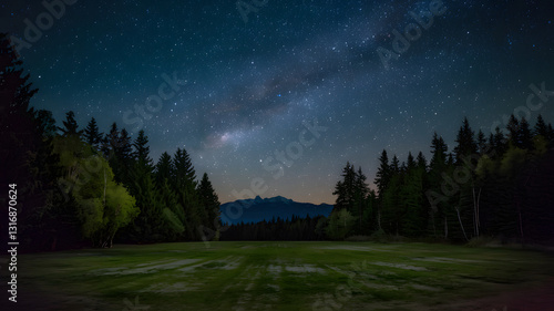 A tranquil forest clearing under a starry night with a distant mountain range.