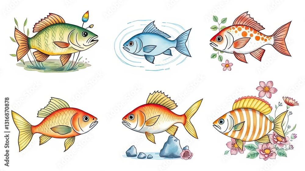 Naklejka premium Colorful Fish Illustration Aquatic Life Marine Animals Watercolor Nature Undersea World Pond River