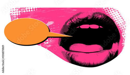 Shouting mouth vector, halftone collage, speech bubble banner, 90s pop art style, urban modern retro design, isolated illustration, copy space, magazine template, comic art vector