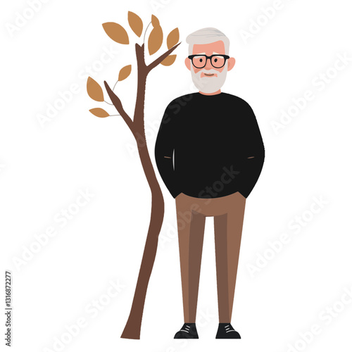 
happy old man , Under a Tree, minimal design, no eyes, faceless design, simple flat illustration